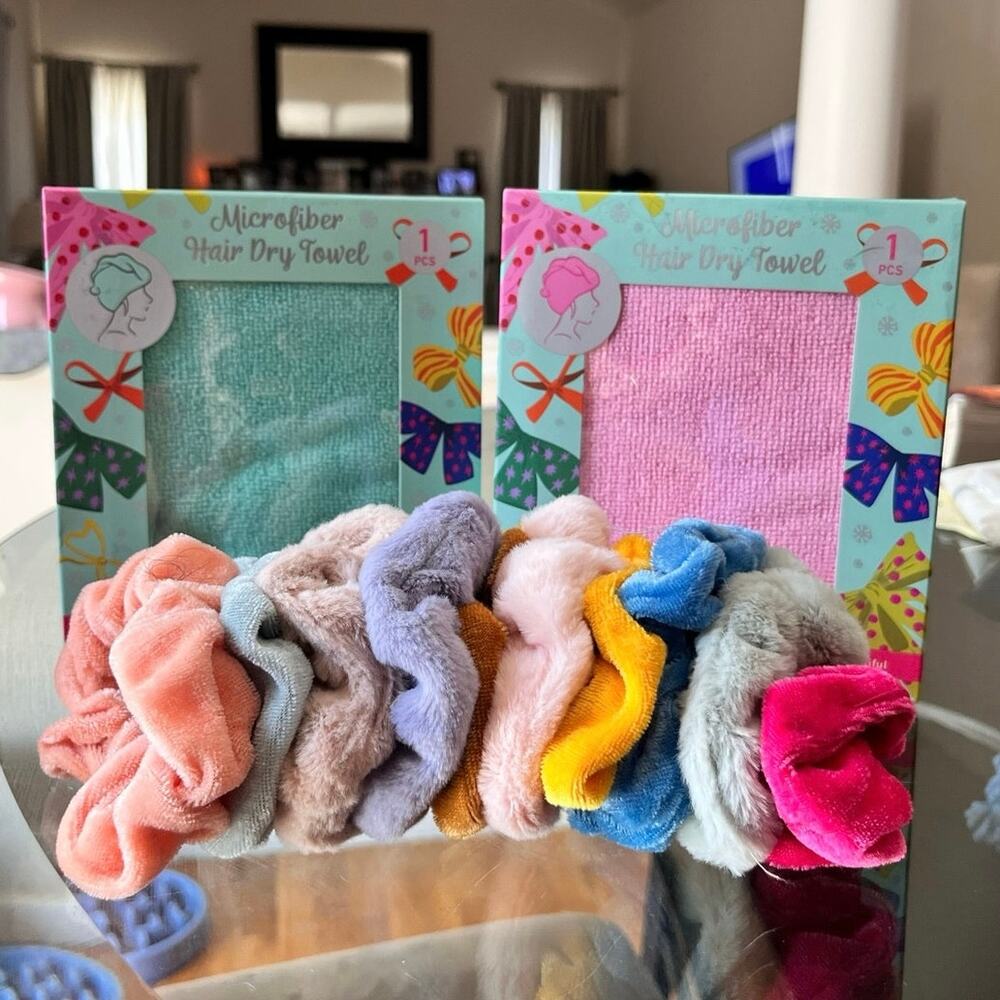 Bundle of 10 Scrunchies & 2 New Microfiber Hair Towels
